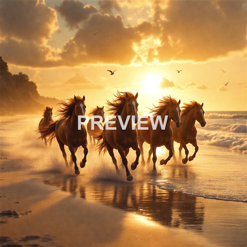 A group of horses running along the shoreline at sunset with clouds and birds in the sky.